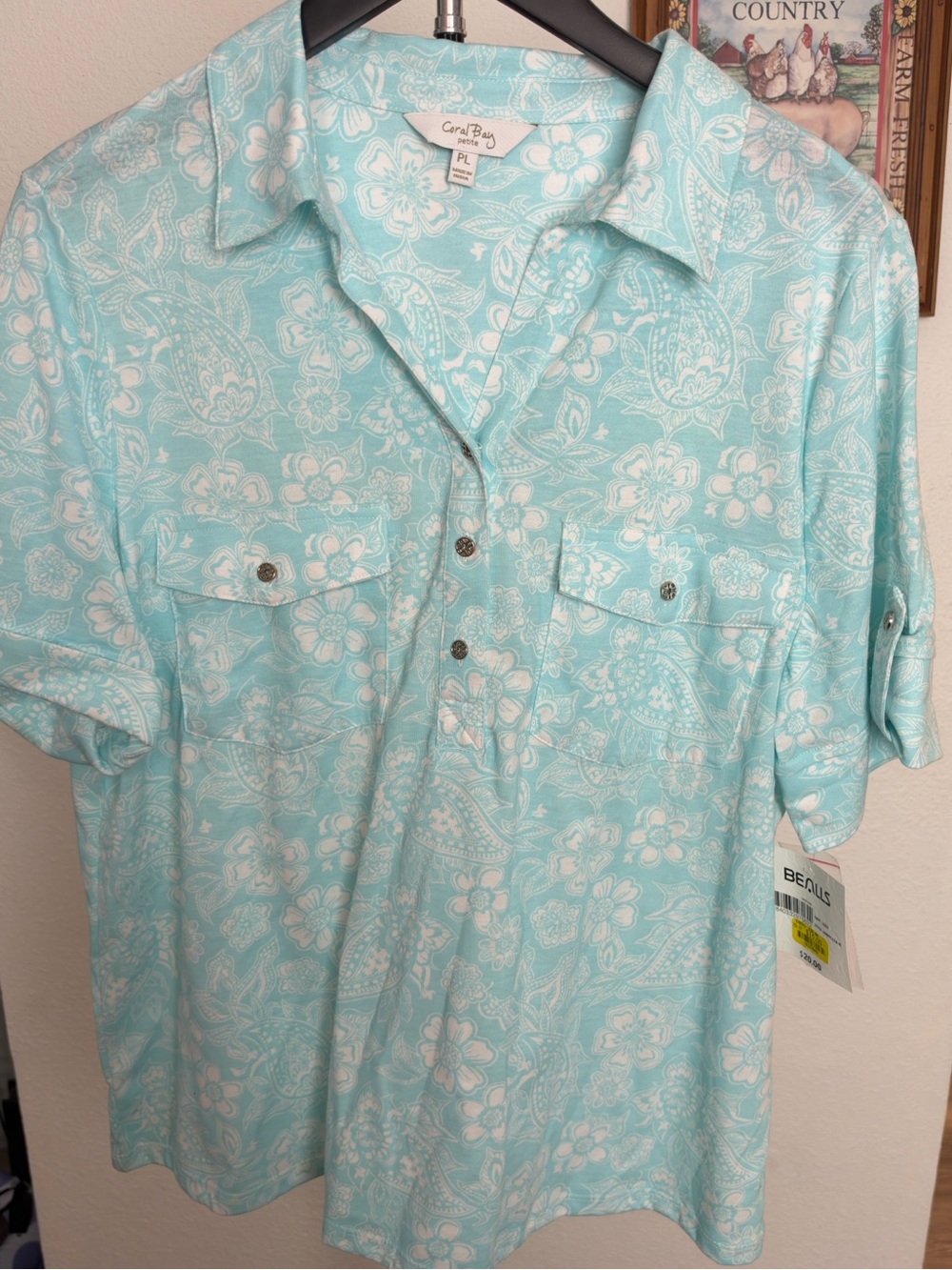 Coral Bay Light Blue Floral Short-Sleeve Woman’s Shirt - NwT Petite Large